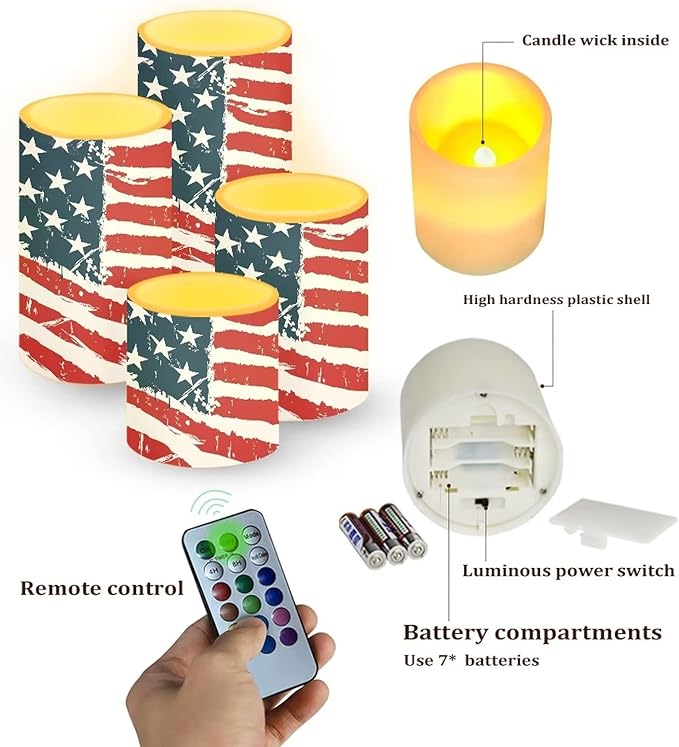 Flameless Electric Candles Decoration Lamp with Remote Timer Control Long Lasting for Fourth of July Party Decoration Home Indoor Outdoor Decor Pack of 4, American Flag Fashion