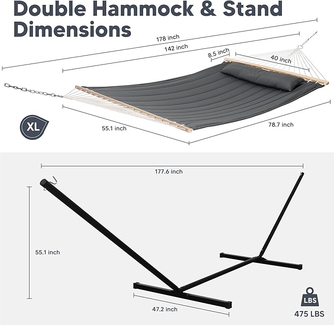 SUNCREAT Hammocks for Outside with 15 ft Stand, Stand Alone Hammock, 475 lbs Capacity, Dark Gray