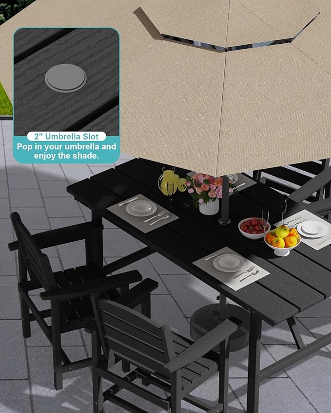 Patio Dining Set for 4 with Umbrella Hole - 66" Outdoor Table & 4 Chairs, All-Weather HDPE Outdoor Furniture for Lawn, Garden, Backyard, Poolside, Black