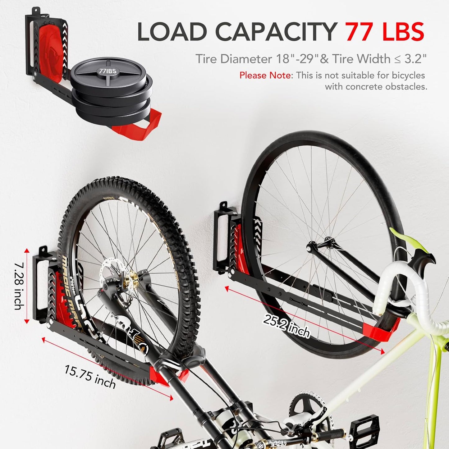 2-Pack Swivel Bike Rack Wall Mount, Bike Hangers for Garage, Space-Saving Vertical Bike Holder, Holds up to 77 lbs, Bicycle Wall Hanger Storage, No Heavy Lifting Required Indoor Hanging Bike Rack-Red