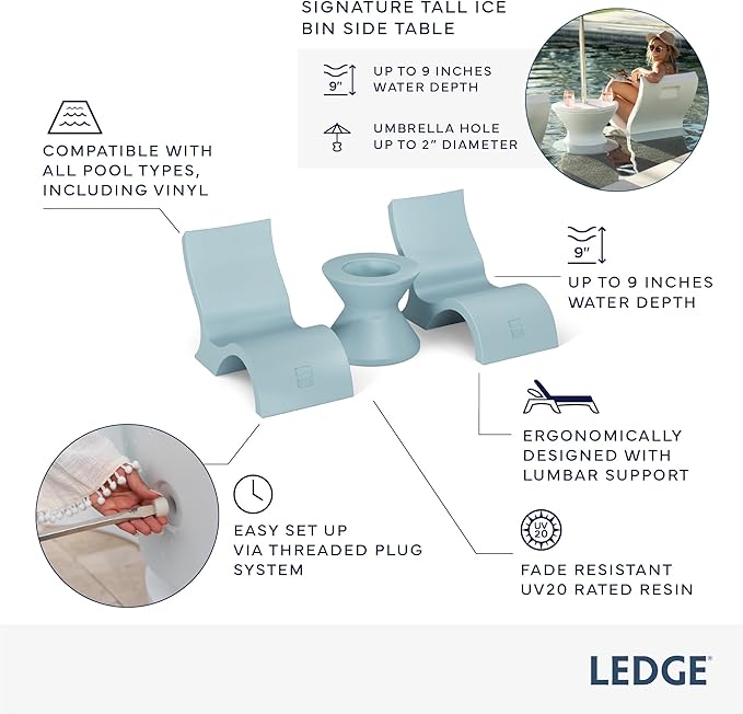 Ledge Lounger Signature Lowback Chair Set - Two Chairs - Ice Bin Side Table - in-Pool - On-Deck - Water Depths 0-9” - All Types - Resin Water Chairs - Pool, Sundeck, Outdoor Patio