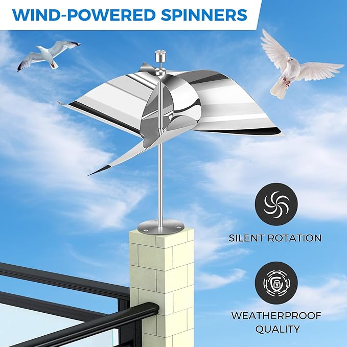 2 Pack Reflective Wind Powered Scare Devices, Weatherproof Aluminum Reflective Spinning Deterrent for Outside, Protect Your Gardens, Patios and Roofs from Bird Problems