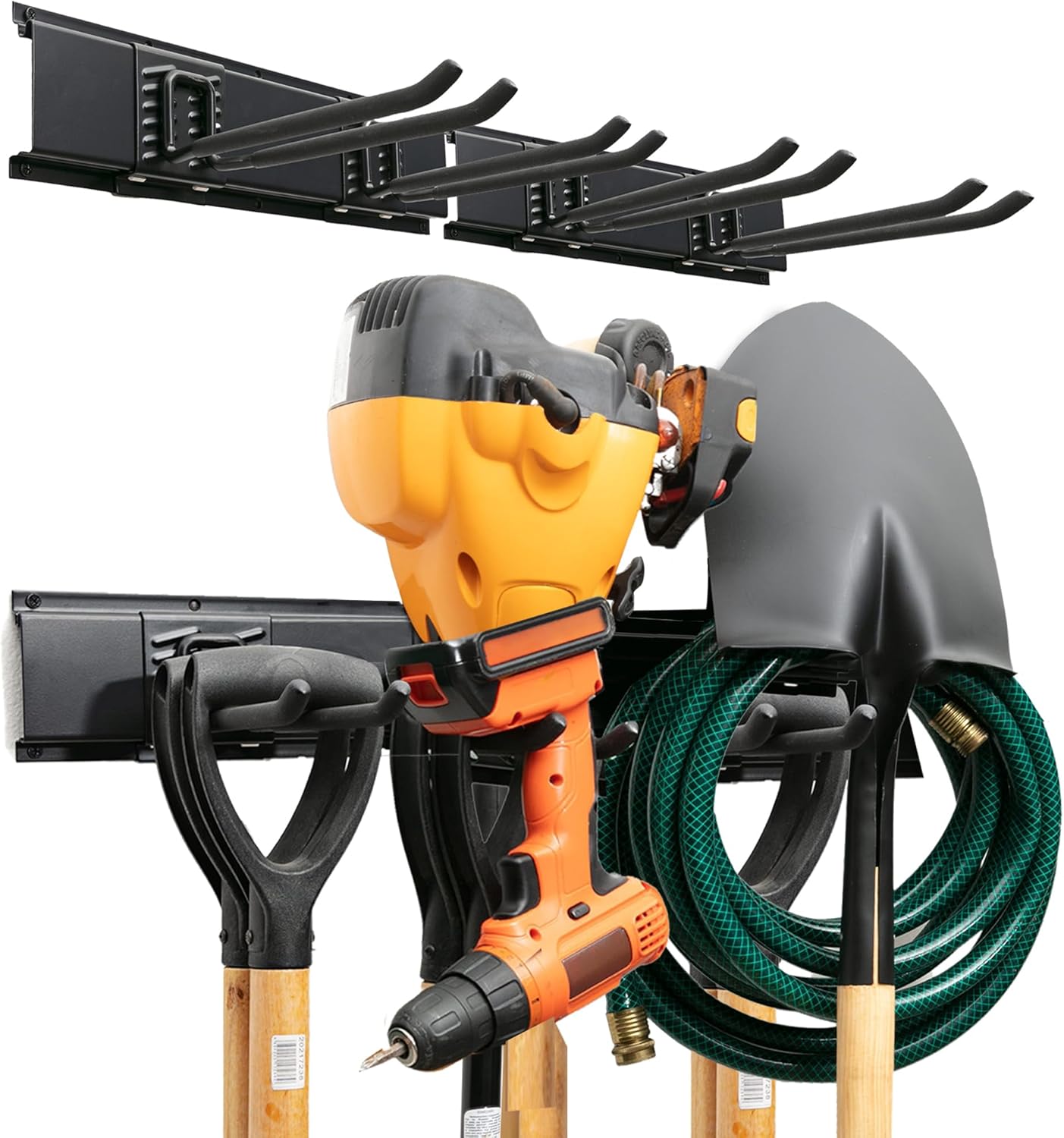 Garage Tool Organizer Wall Mount - 32 inches - Sturdy Storage Rack with Adjustable Hooks, Anti-Rust - Easy Installation, 200lbs Capacity - Garden Tool Organizer (02 Racks & 04 Hooks)