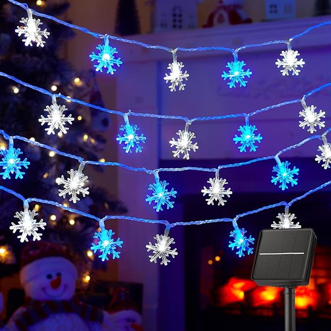 Brightown Solar Christmas Snowflake String Lights 100 LED 39 FT Outdoor Waterproof Fairy Lights with 8 Lighting Modes for Wedding, Party, Tree, Room, Garden, Patio, Yard, Home, Blue & White