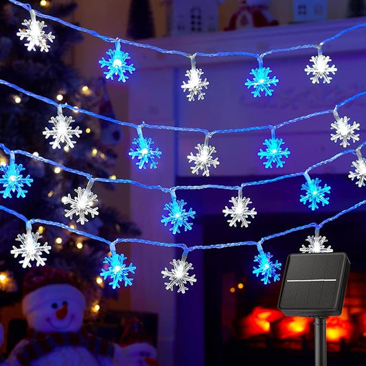Brightown Solar Christmas Snowflake String Lights 100 LED 39 FT Outdoor Waterproof Fairy Lights with 8 Lighting Modes for Wedding, Party, Tree, Room, Garden, Patio, Yard, Home, Blue & White