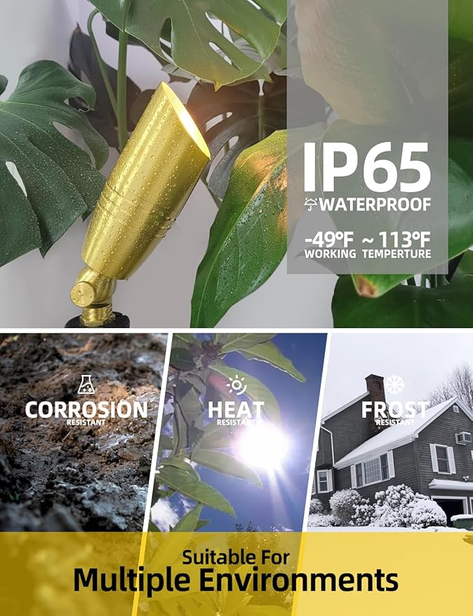 COLOER Die-cast Brass Landscape Spotlight 6-Pack Without Bulb,12V AC/DC Low Voltage Copper Outdoor Lighting with Ground Stake, Directional Garden Patio Spot Up Light (102B Brass Finish)