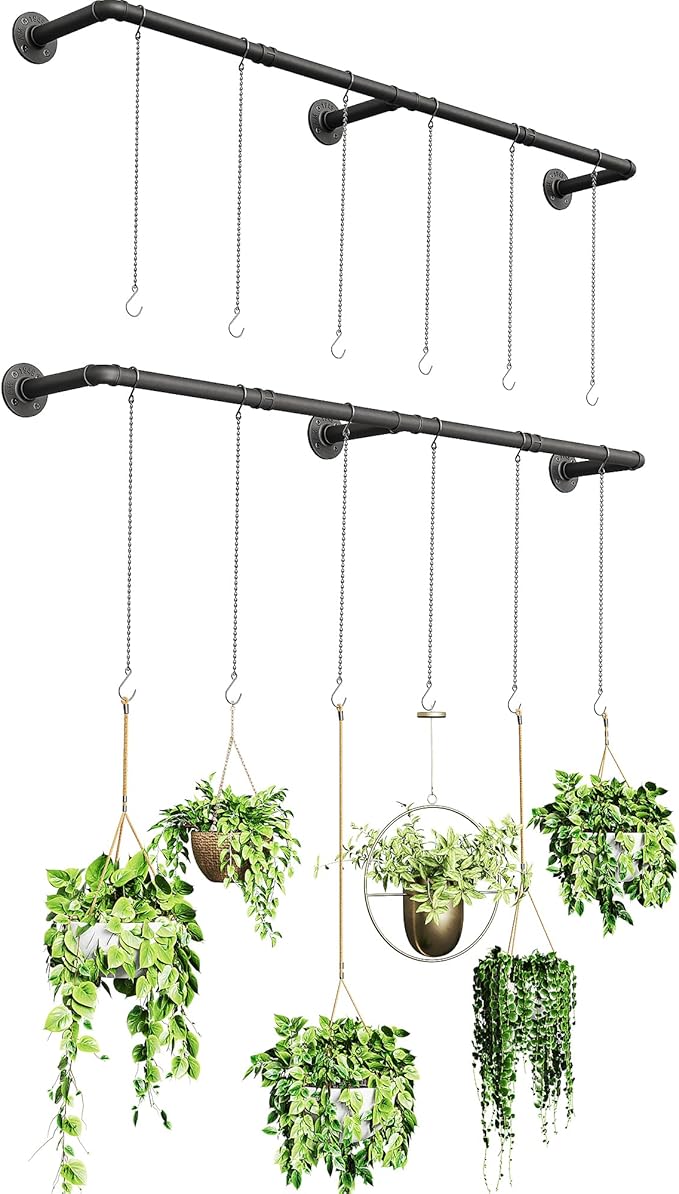 Plant Hanger Indoor, 2 Pack Hanging Planters Rod for Indoor Plants with 12 Hanging Chains, Wall Plant Hanging Rod for Window Ceiling, 65.7 Inch, Metal/Black, Pots Not Included…