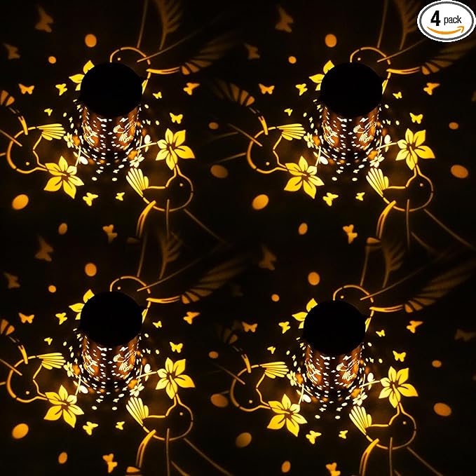 Mothers Day Gifts, 4 Packs Solar Lanterns Outdoor Hanging Lantern Lights, 4 Hummingbird Hollowed-Out Metal Decor Lantern, Waterproof LED Decorative Garden Light Gifts