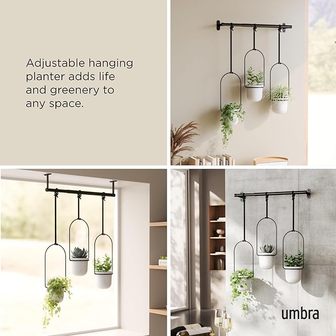 Umbra Triflora Hanging Planter for Window, Indoor Herb Garden, Set of 3, White/Black