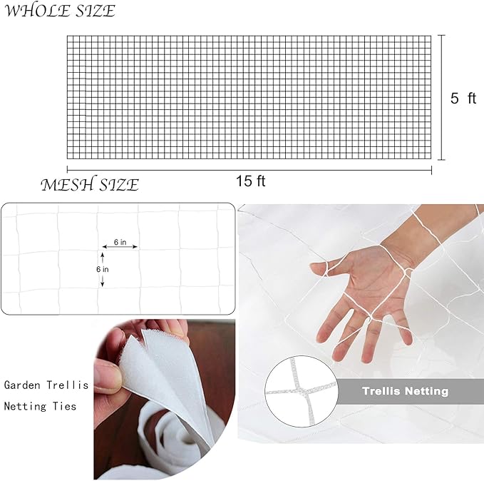 All-Weather Trellis Netting Mesh Plant Garden Vine Growing Flexible String Net (6" Mesh ployester, 5' Wx 15'L)