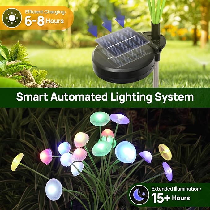Solar Garden Lights, 6-Pack Dual Mode LED Solar Mushroom Lights, Waterproof Firefly Outdoor Decor for Yard, Patio, and Pathway – Colorful Jellyfish Ambiance