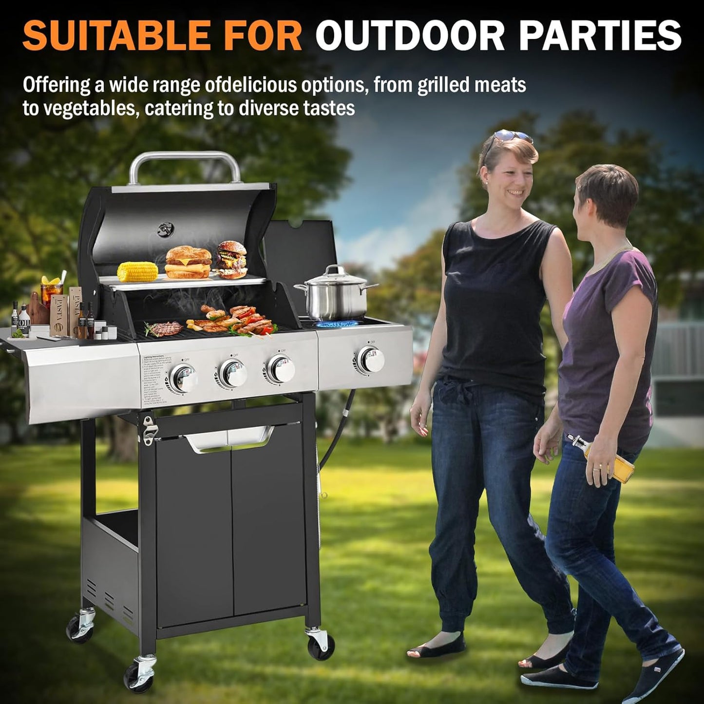 3-Burner Propane Gas Grill with Side Burner, 40,500 BTU Stainless Steel BBQ - Easy Assembly & Grease Management for Patio, Backyard, Camping (3+1Burner)