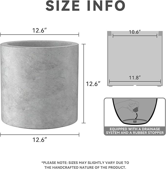 Kante 12.6" Dia Round Concrete Planter, Modern Style Large Cylindrical Plant Pot with Drainage Hole and Rubber Plug for Indoor Outdoor Patio, Natural Concrete