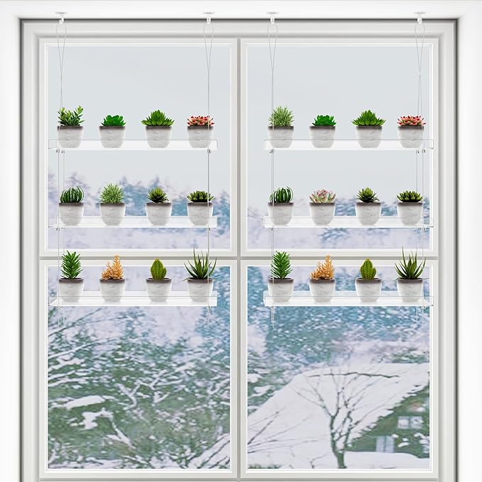 Clear Hanging Window Plant Shelves,2-Pack 3-Tier,Indoor Windows Wall Hanging Plant Stand Flower Display,Flower Pot Organizer Storage for Window Grow Herbs,Microgreens,Succulents,Flower,16-Inch