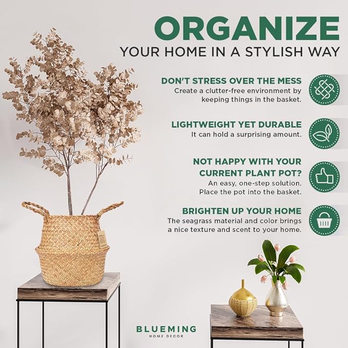Tree Basket – Wicker Seagrass Planter for Tall Indoor Fake Olive House Plants, Decorative Rattan Baskets for 7-8 Inch Small Plant Pots (Original, Medium)