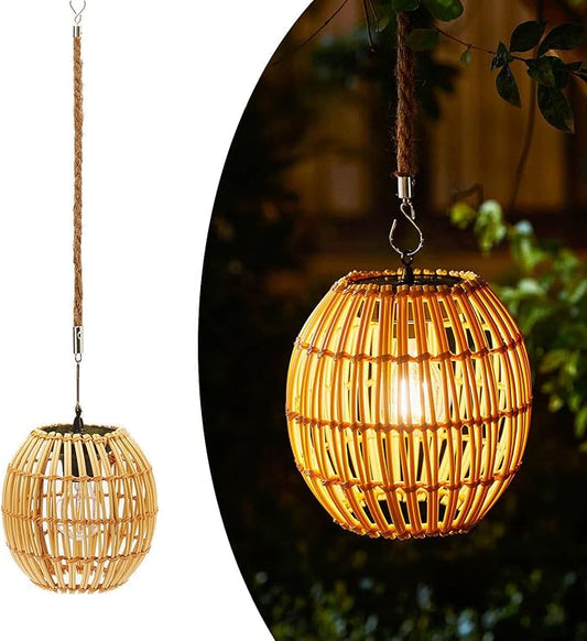 Hanging Solar Lantern Outdoor Waterproof, Large Solar Rattan Lantern Outdoor with Twine Handle, Bright Solar Outdoor Lights with Edison Bulb for Garden Patio Yard Decoration