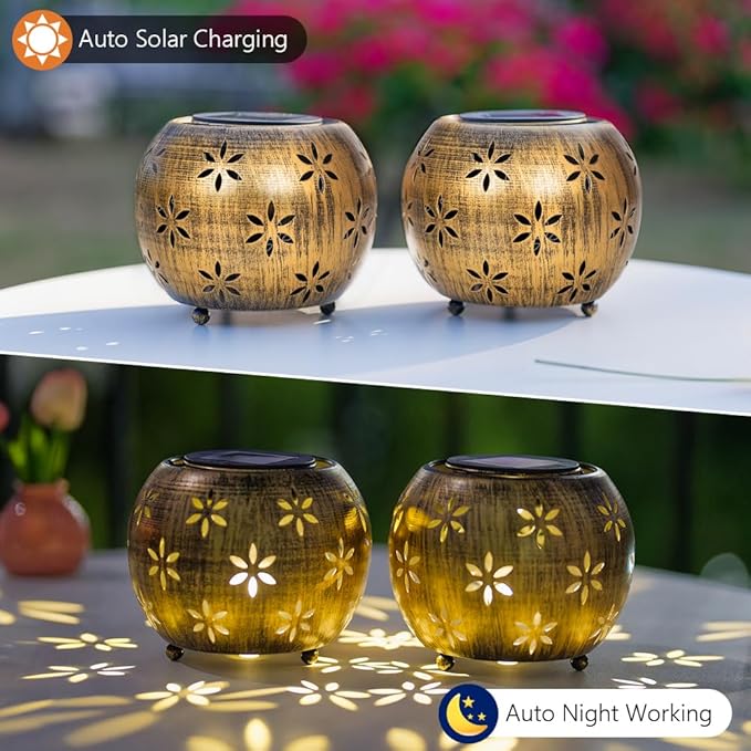 VEWOGARDEN 2 Pack Solar Lanterns Outdoor Waterproof Solar Lantern Hollow Out Metal Lantern Solar Lights for Patio Garden Table Decor