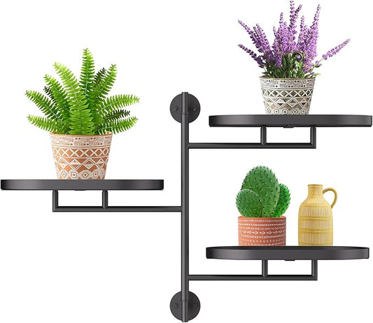 WIndow Sill Rotating Plant Stand Shelf Indoor Black Metal Floating Shelves 3-Tier Wall Mount Plant Holders for Living Room Wall Planter Modern Home Decor for Gardening