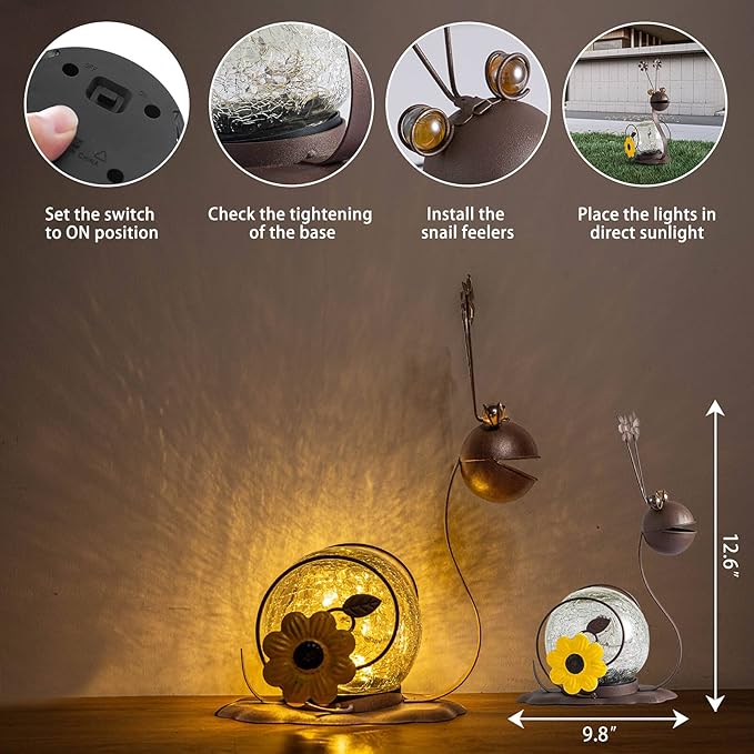 Solar Snail Garden Lights - 2 Pack Cracked Glass, Warm White Metal, Waterproof for Patio Yard Lawn