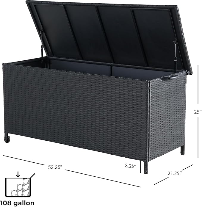 Grand patio 108 Gallon Deck Storage Box Indoor Outdoor Wicker Bin for Patio Furniture Cushions Garden Tools Pool Accessories, Black