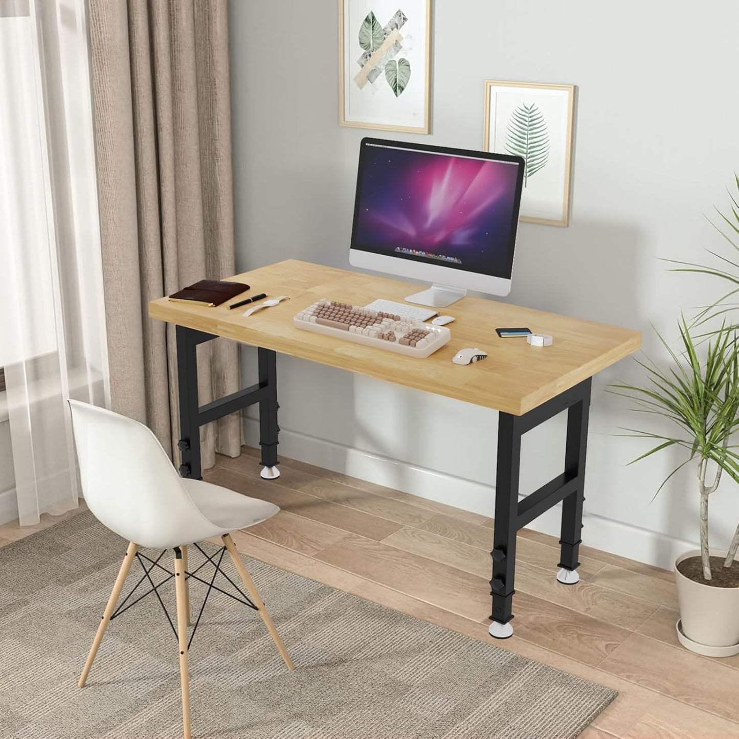 48'' Adjustable Workbench, Solid Wood Work Bench Table, Metal Tool Bench Work Bench for Garage, Large Load Capacity Garage Workbench Workshop Table for Workshop,Office,Home, Easy Assembly