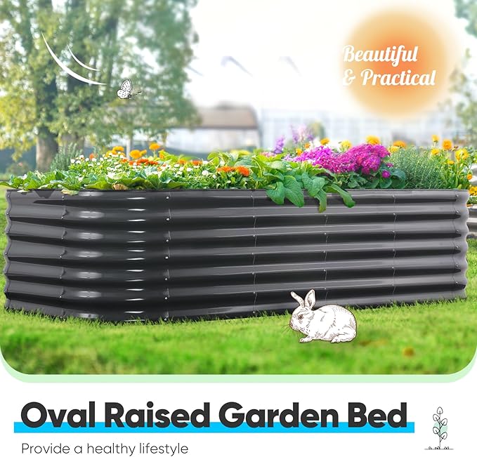 Quictent Galvanized Raised Garden Bed Kit, 6x3x2 ft Oval Metal Planter Box Tall for Vegetables Outdoor Backyard, Rubber Strip Edging Included, Dark Gray