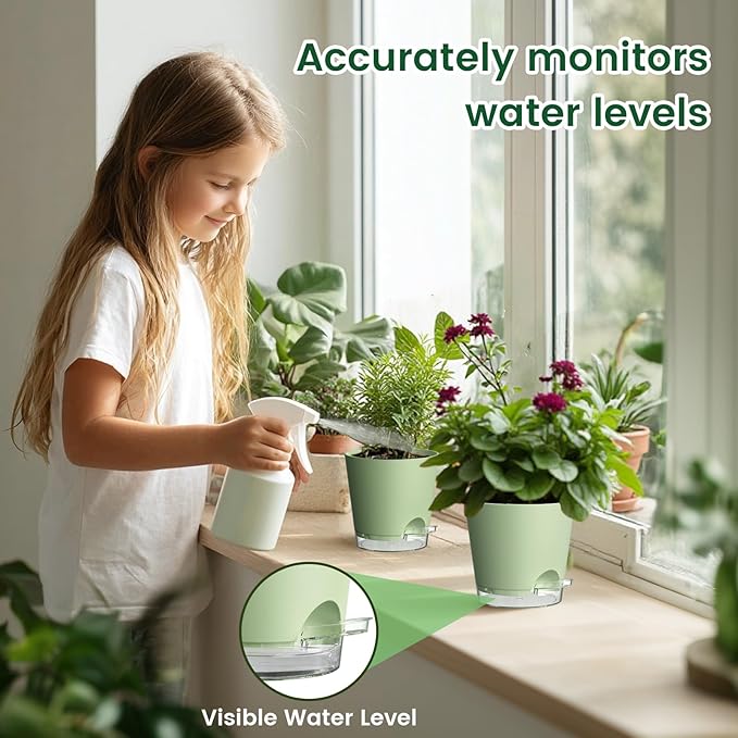 6 inch Self Watering Pots for Indoor Outdoor Plants, 3 Pack Flower Plant Pots with Drainage Holes and Clear Reservoirs, Visible Water Level, Plastic Planters with Wicking Rope, Green