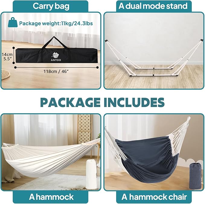 Anyoo 2 in 1 Hammock and Swinging Chair with Collapsible Steel Stand & Carrying Case,Portable & Adjustable,Easy Set Up for Outdoor,Indoor,Porch Swing,Patio,Garden,Camping Trip