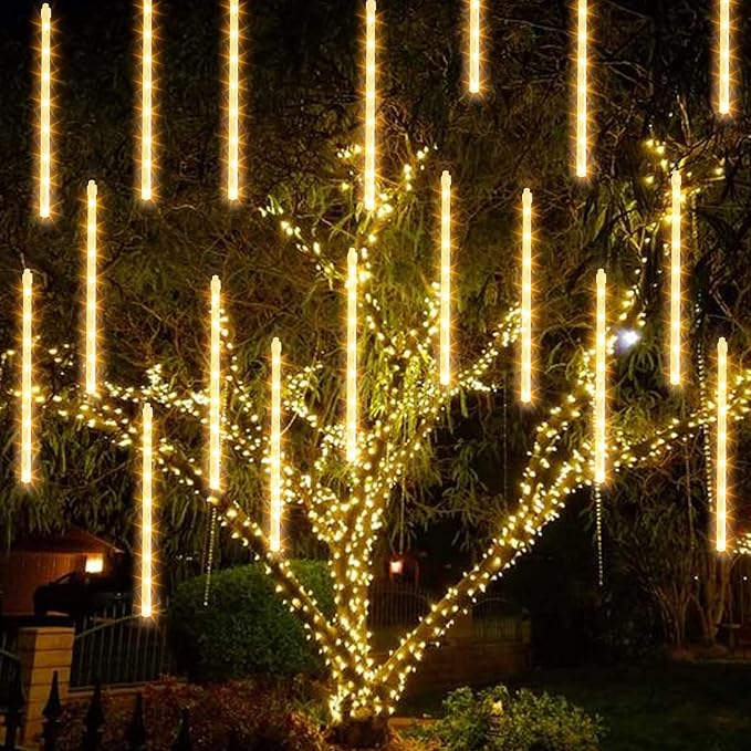 TW SHINE Christmas Meteor Shower Lights Outdoor, 864 LED 12" 24 Tubes Waterproof Christmas Lights Outdoor Plug in, Snow Falling Rain Icicle Xmas Lights Decorations, Warm White