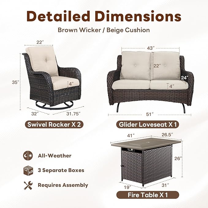 4 Piece Patio Furniture Set with Fire Pit Table - 41inch 50000 BTU Propane Fire Pit Table with High Back Loveseat Glider Chair and 2 Swivel Rocker Chair for Casual Gathering