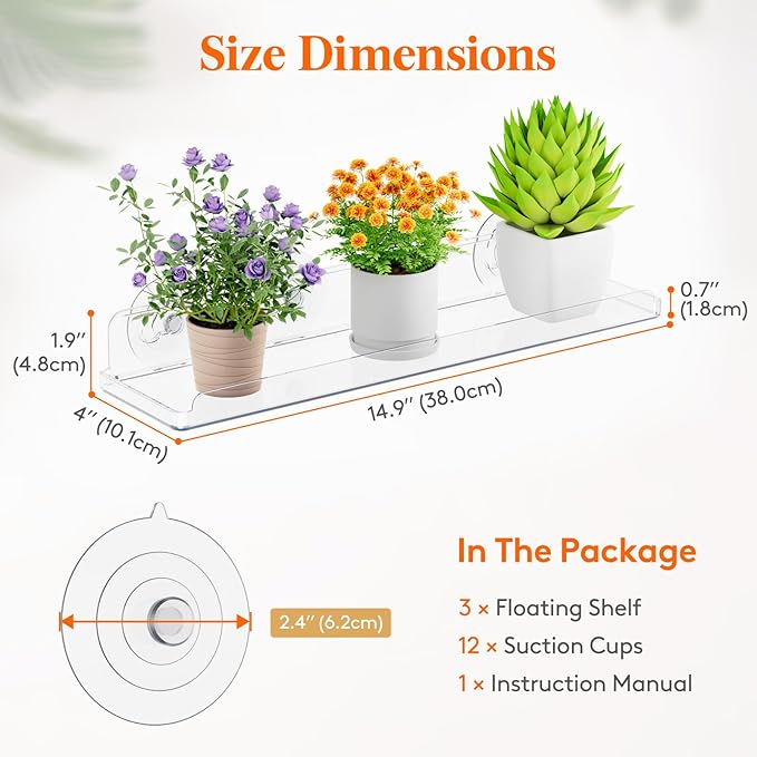 Lifewit Window Plant Floating Shelves 15 inch, 3 Pack Acrylic Suction Cup Shelf, Window Sill Extender for Indoor Succulent Plants, Micro Greens, Seed Starter Pots, Herb Planters