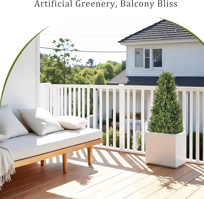 3ft Artificial Boxwood Topiary Trees (Set of 2) - UV Resistant Faux Plants Outdoor, Realistic 36" Fake Cone Bushes and Shrubs for Front Porch, Planter, Patio - Low Maintenance & Evergreen