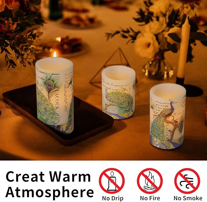 Flameless Peacock Battery Operated Candles With Remote - Flickering Pillar Real Wax LED Vintage Home Decor for Spring, Wedding, Mother's Day Gifts