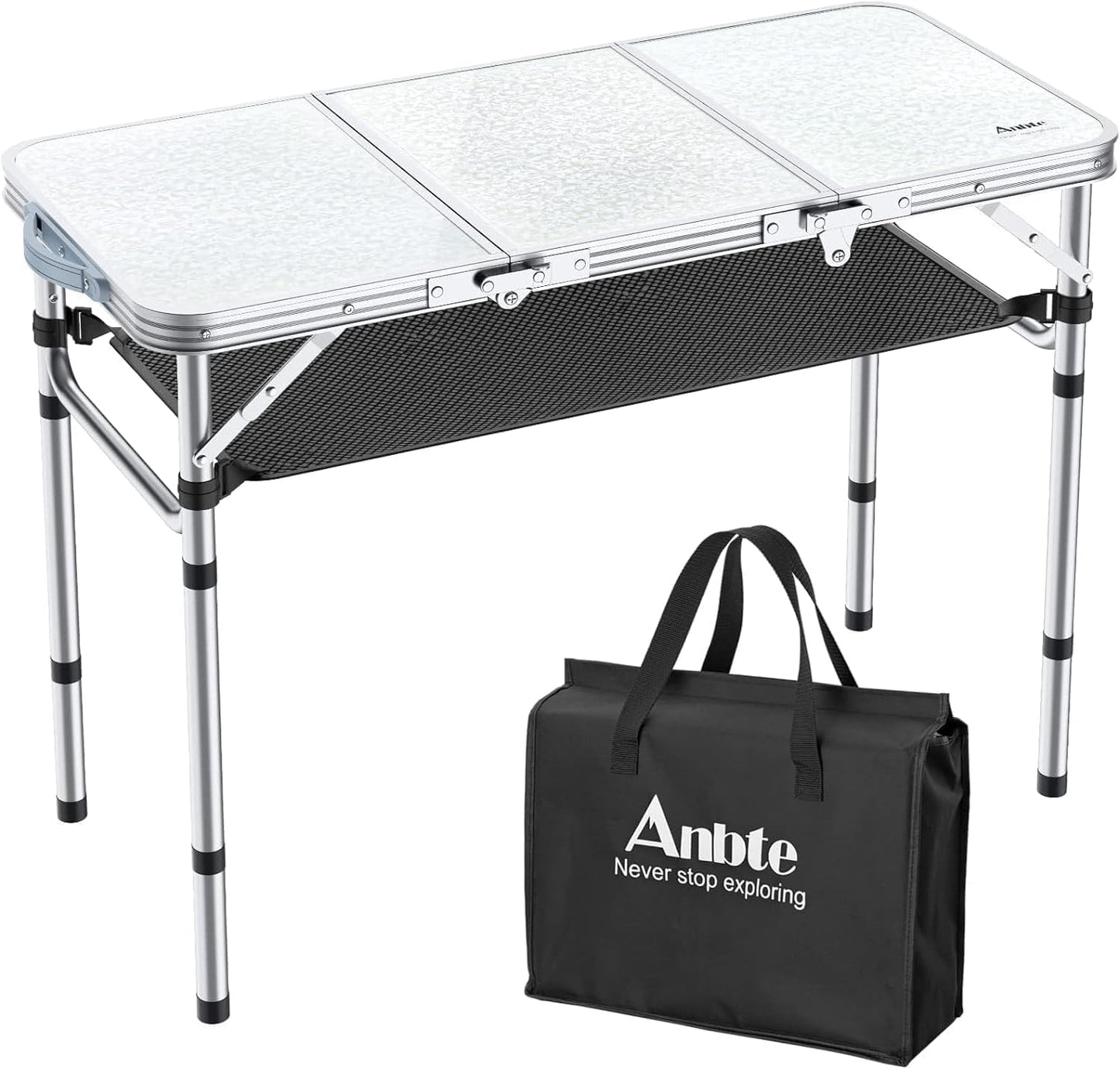 Folding Camping Table with Storage Net, 3ft Camping Table Aluminum Folding Table with 3 Adjustable Height Max 27.1 Inch, Portable, for Outdoor Backyard BBQ, Silver