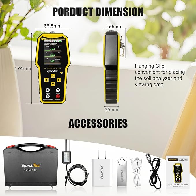 7 in 1 Soil Tester, ±1% High Precision Digital NPK Tester/Soil Moisture Meter/PH Tester/Temperature/EC Monitor for Agriculture, Plant Cultivation, Geological Survey with Data Storage & Export