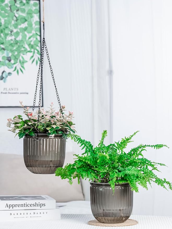 6.5 Inch 2 Pcs Self Watering Hanging Planter Indoor Plant Pots Drainage Holes, Outdoor Hanging Planters Flower Pot Basket, Visible Water Level, Plant Hanger Home Decor, Gardening