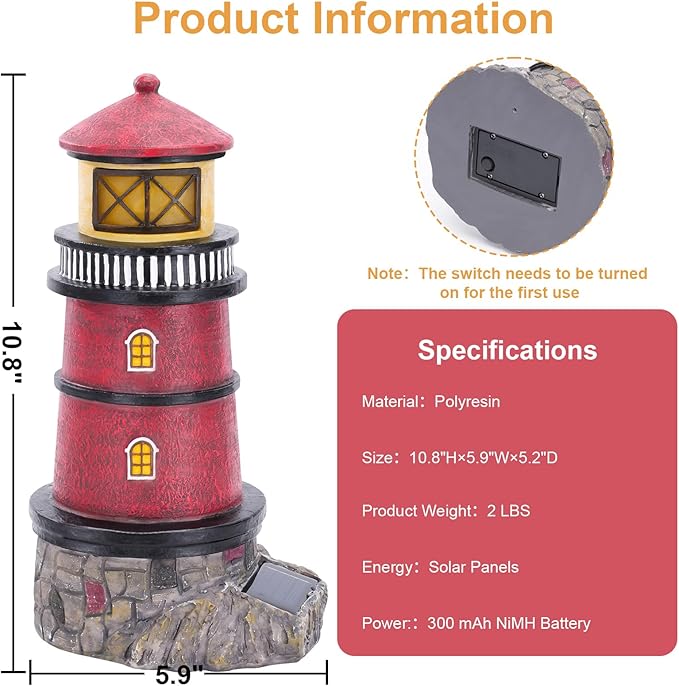 Solar Powered Lighthouse,Village Christmas Decor,Christmas Village Building Waterproof Statue Lighthouse Lamp for Yard Lawn Patio Gifts