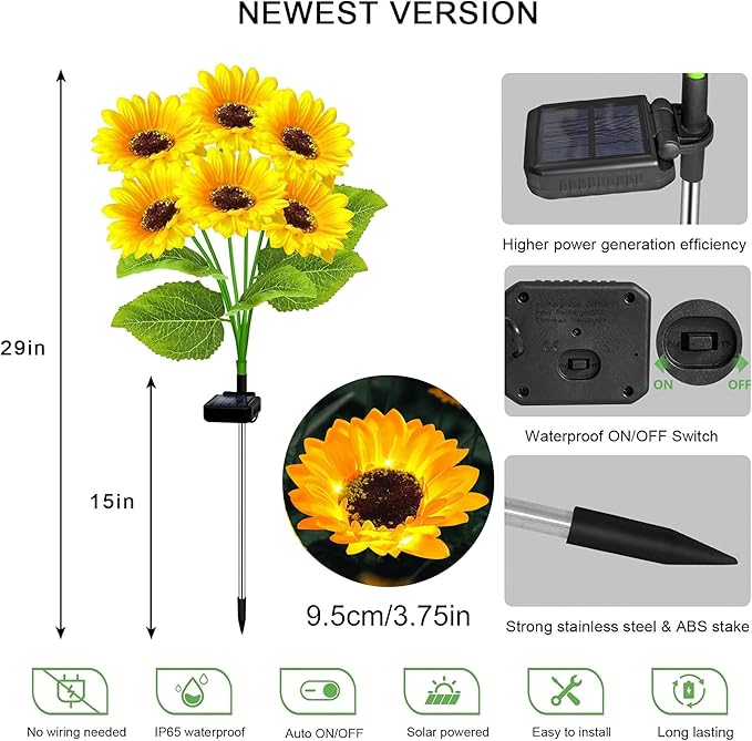 2 Pack with 12 Solar Sunflower Garden Lights Warm White LED Outdoor Decorative Stake Lights for Yard, Patio, Lawn, Pathway, IP65 Waterproof, Ideal Gift for Women, Mom, Grandma, Friends