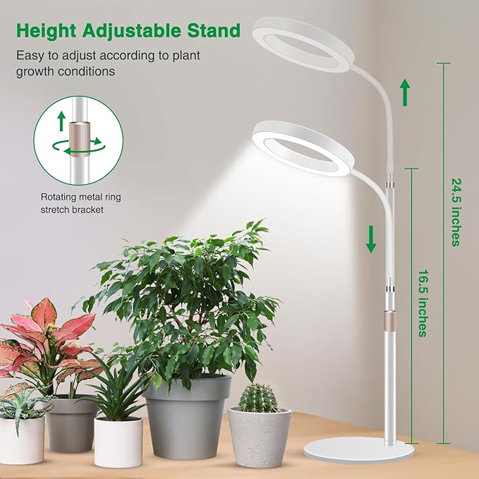 Grow Lights for Indoor Plants, Full Spectrum Desk Plant Light for Growing Small Plant, 80 LED Halo Plant Grow Light with Base, 6/12/16H Timer, 3 Light Modes,Height Adjustable 16.5-24.5"