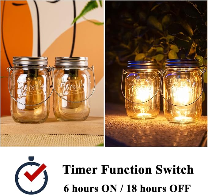 Outdoor Mason Jar Lights Hanging, 2-Pack LED Decorative Garden Lanterns with Timer, Battery Operated Vintage Glass Light for Patio Camping Courtyard Backyard Tree Hallway Stairs Farmhouse (2*Amber)