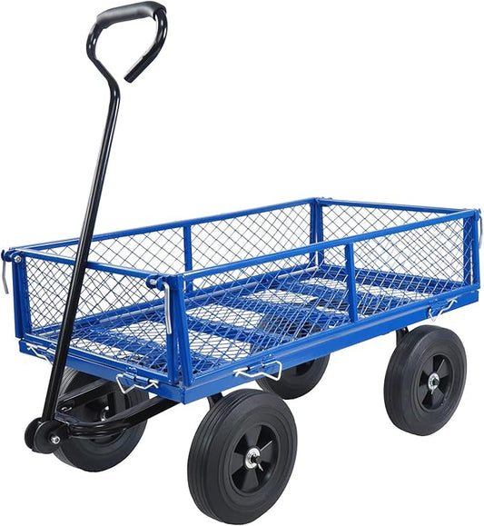 Heavy Duty 480 Lbs Capacity Mesh Steel Garden Cart Folding Utility Wagon with Removable Sides (Blue)
