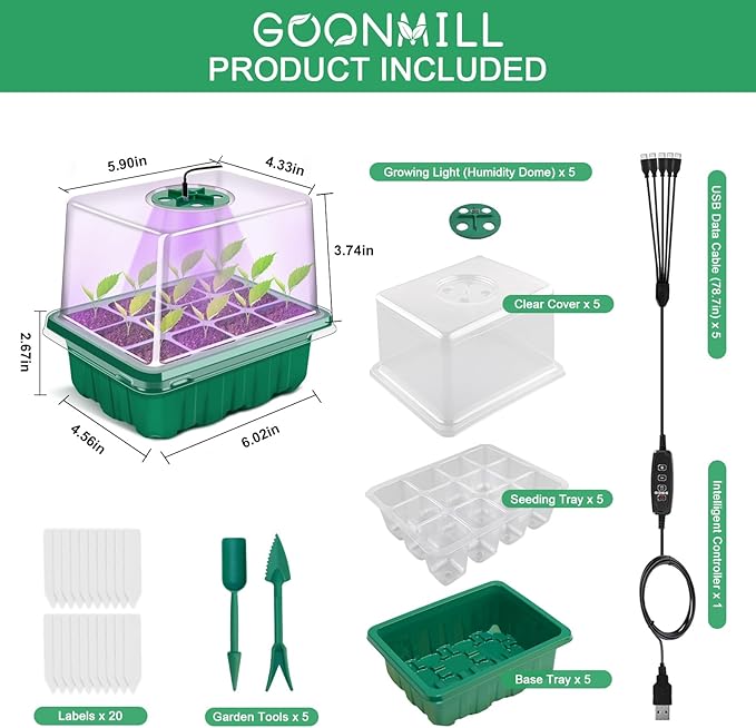 GOONMMILL Seed Starter Tray with Timed Grow Light, 5 Packs Plant Starter Tray Seedling Starter Kit with Humidity Domes Base Indoor Greenhouse Mini Propagator Station for Seeds Growing Starting