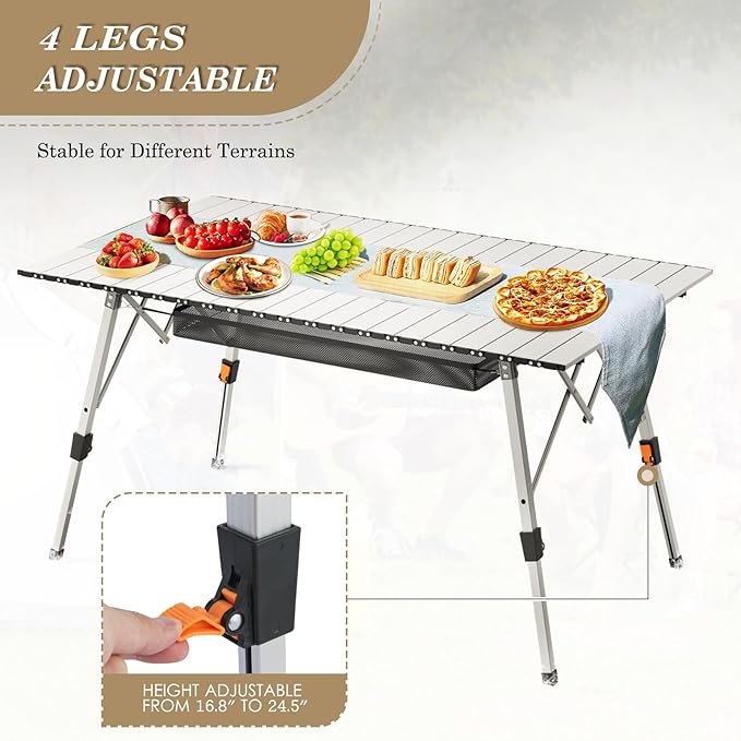 Athena Collection Foldable Camping Table, 47" Aluminum Outdoor Folding Camp Table with Mesh Layer Telescopic Legs and Carry Bag, Lightweight and Portable for Outdoor Camping Picnic Grilling, Silver