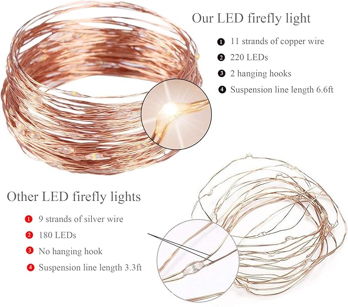 2 Pack 220 LED Firefly Bunch Lights Battery Operated, 8 Flashing Modes Waterproof Copper Wire Waterfall Lights, Remote Controlled Timer and Hooks, Fairy Lights for Indoor Outdoor Decor (Warm White)