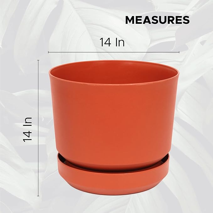 Elly Décor 14 inch Plastic Cylinder Planter Pot with Self-Watering Saucer and Drainage Hole,Lightweight & Extremely Durable, 14"x 14", Terracotta
