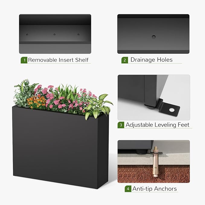 Stoog 38" Metal Tall Rectangular Planters Set of 2 - All-Weather Planter Box for Indoor/Outdoor Use, with Removable Insert Shelf, for Plants, Flowers, Garden, Black