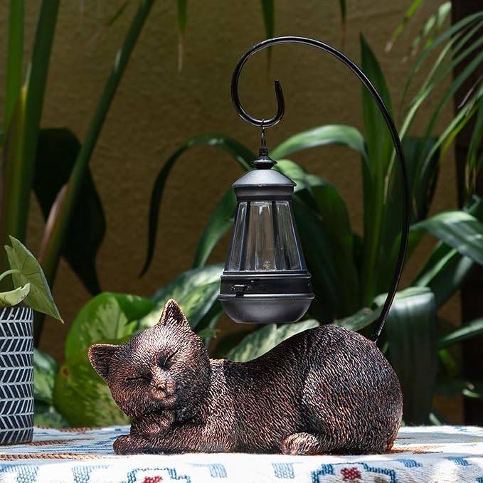 Cat Statue with Light Lantern Outdoor Garden Decor, Sleeping Cat Figurine with Solar-Powered LED Light, 13 Inches Tall Antique Bronze, Perfect for Gift Garden Decor or Housewarming for Cat Lovers