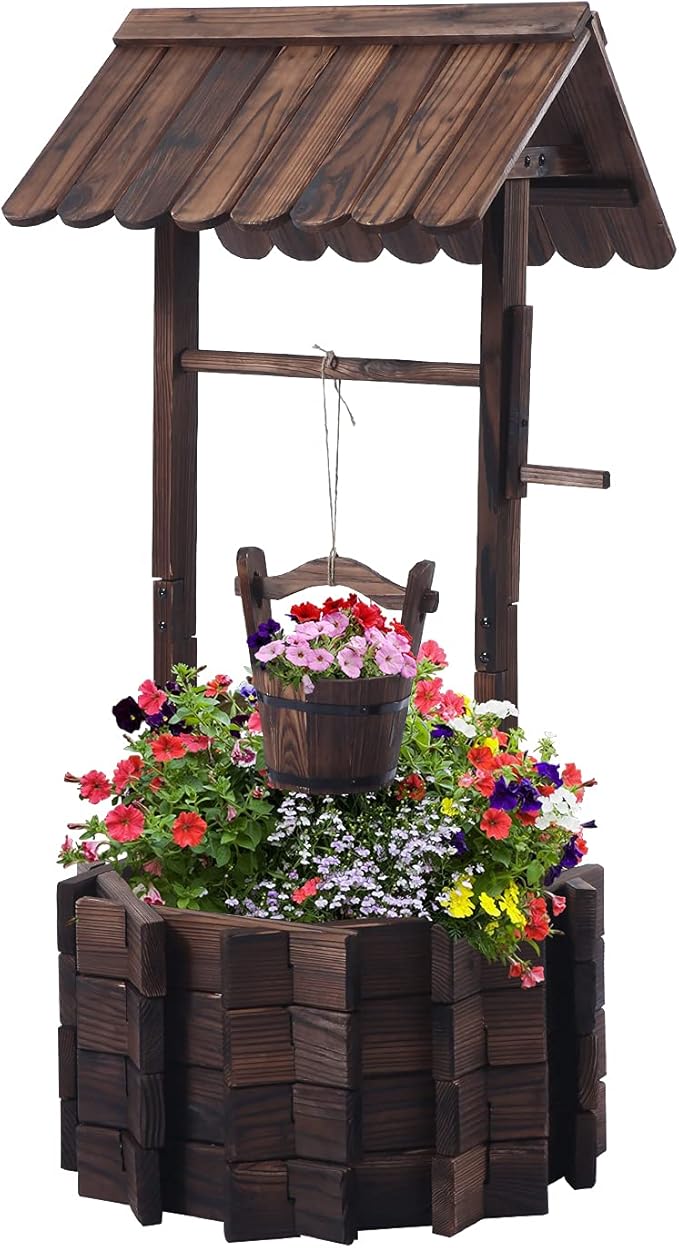 Wooden Wishing Wells for Outdoors with Hanging Bucket, Wishing Well Planters Rustic Style Patio Garden Ornamental, Brown