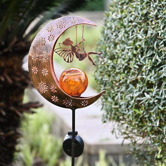TERESA'S COLLECTIONS Solar Lights Outdoor for Garden Decor, 39" Metal Moon Fairy Pathway Light Garden Statues with Crackle Glass for Patio Decor,Lawn Ornaments Yard Art for Outside, Gift for Christmas