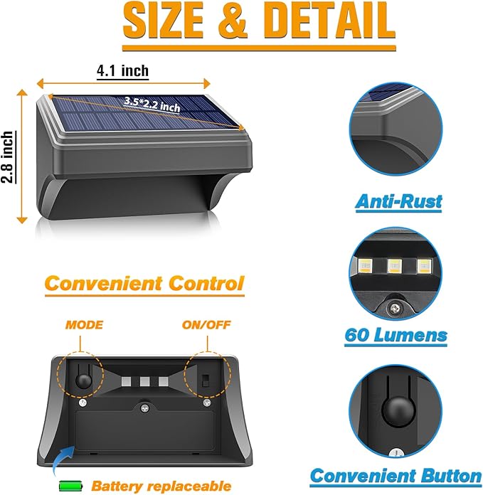 Aulanto Solar Fence Lights 8 Pack, Fence Solar Lights IP65 Waterproof, Warm White and 10 RGB Color Modes, Outdoor Decor for Backyard, Garden, Fence, Wall, Deck, Stairs